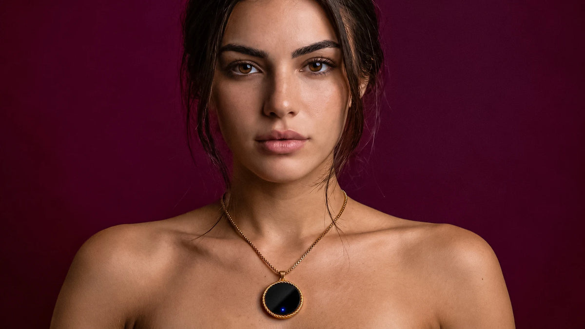 Charm pendant on model, burgundy